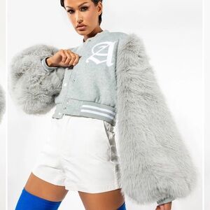Azalea Wang gray bomber jacket with faux fur sleeves sz small coat $140 sold out